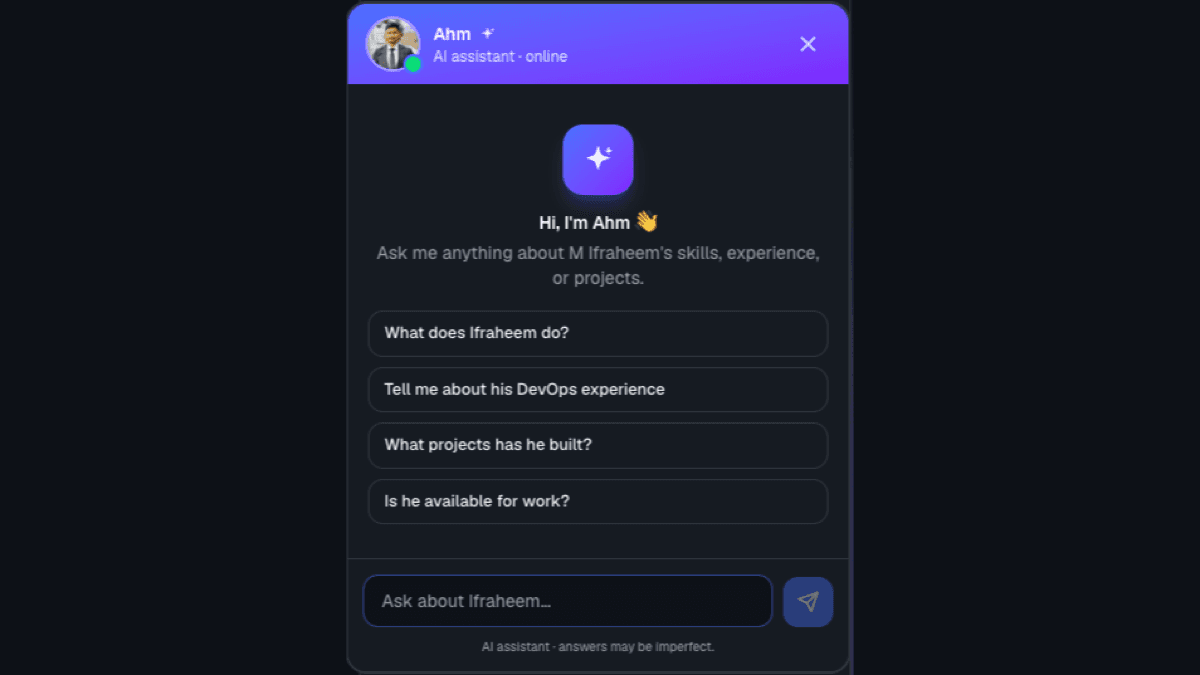Ahm, the AI assistant chat widget, on the ifraheem.dev portfolio